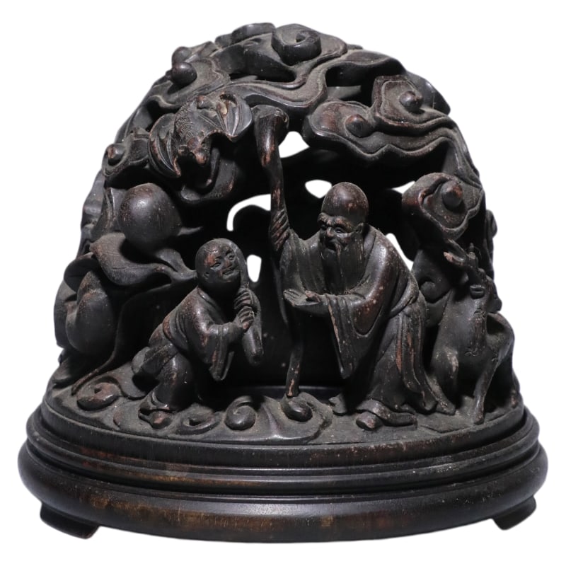 ROSEWOOD OPENWORK CARVING OF AN OLD MAN AND A BOY INCENSE BURNER: It is 13.7 cm high, 15.8 cm in diameter, and weighs 543 grams.
