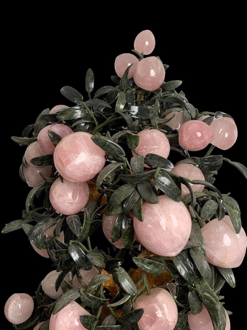 PAIR OF LATE QING DYNASTY CLOISONNÉ ENAMEL BASINS AND PINK CRYSTAL PEACH BONSAI ORNAMENTS: It is 128cm tall and weighs over 200 jin (approximately 100kg).