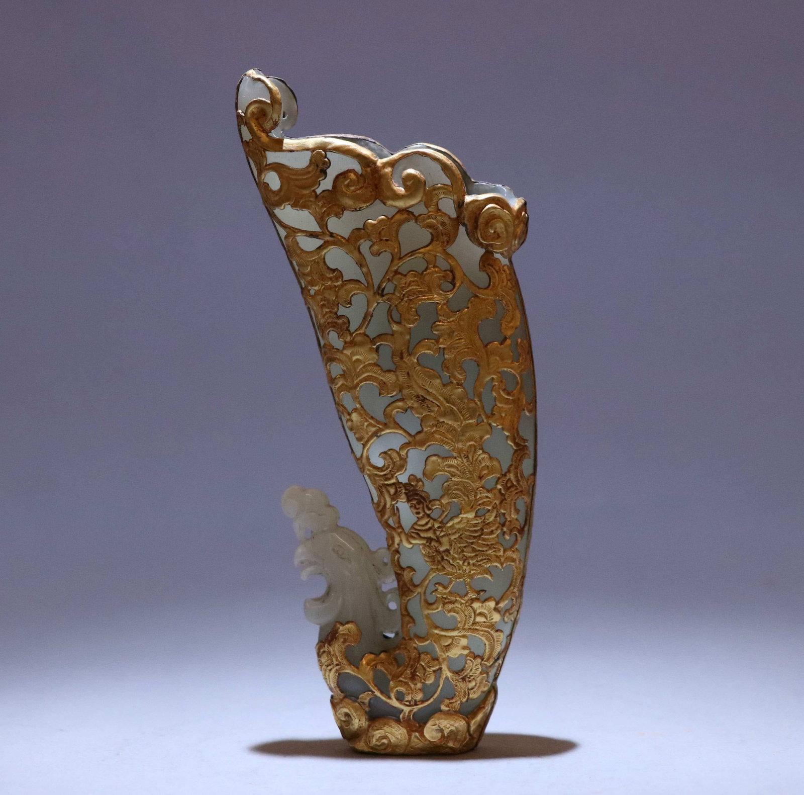 SILVER-GILT OPENWORK JADE PHOENIX CUP: 15cm high, 8cm wide, approximately 190g in weight