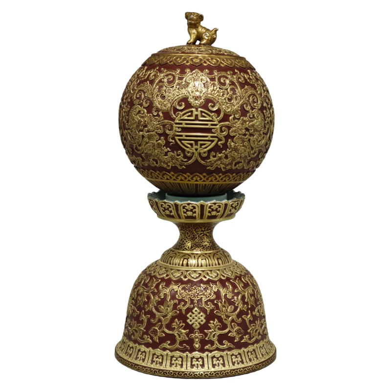 COPPER-PAINTED OPENWORK OFFICIAL HAT STAND WITH AUSPICIOUS AND LONGEVITY PATTERNS: It is 28.5 cm high and 13.3 cm in diameter.