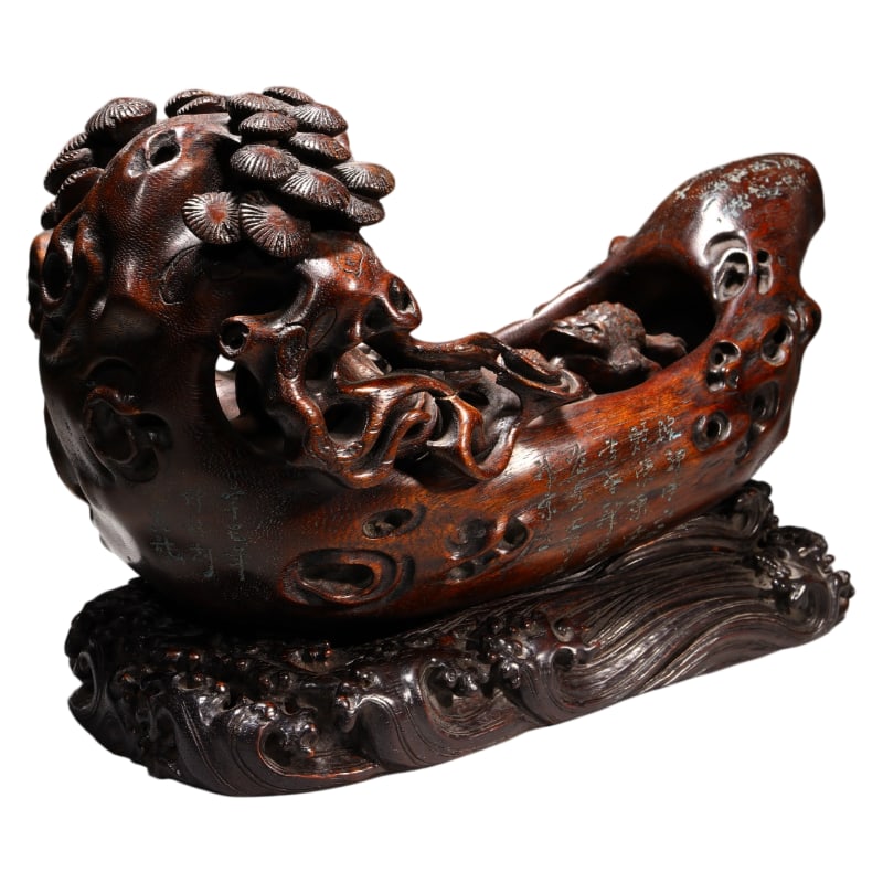AGARWOOD LIU HAI PLAYING WITH A GOLDEN TOAD BOAT ORNAMENT: Height 15.4cm, Width 32.4cm, Thickness 12.9cm