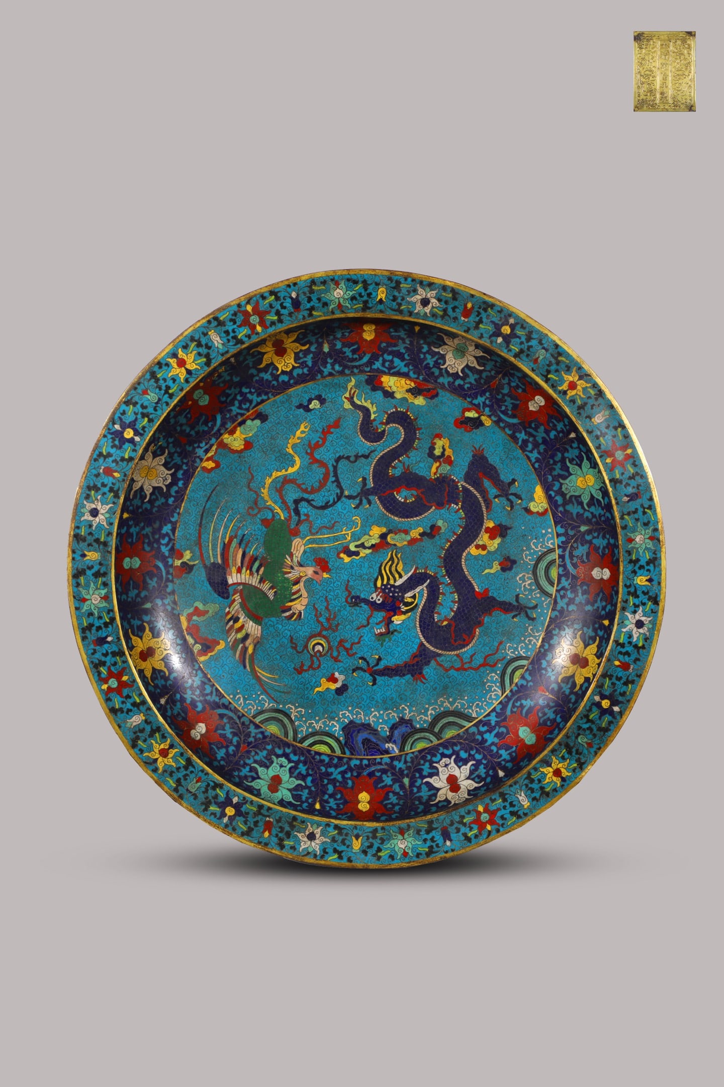 QING DYNASTY CLOISONNÉ ENAMEL DRAGON AND PHOENIX PATTERN PLATE: Diameter 67cm, Weight 8.7kg