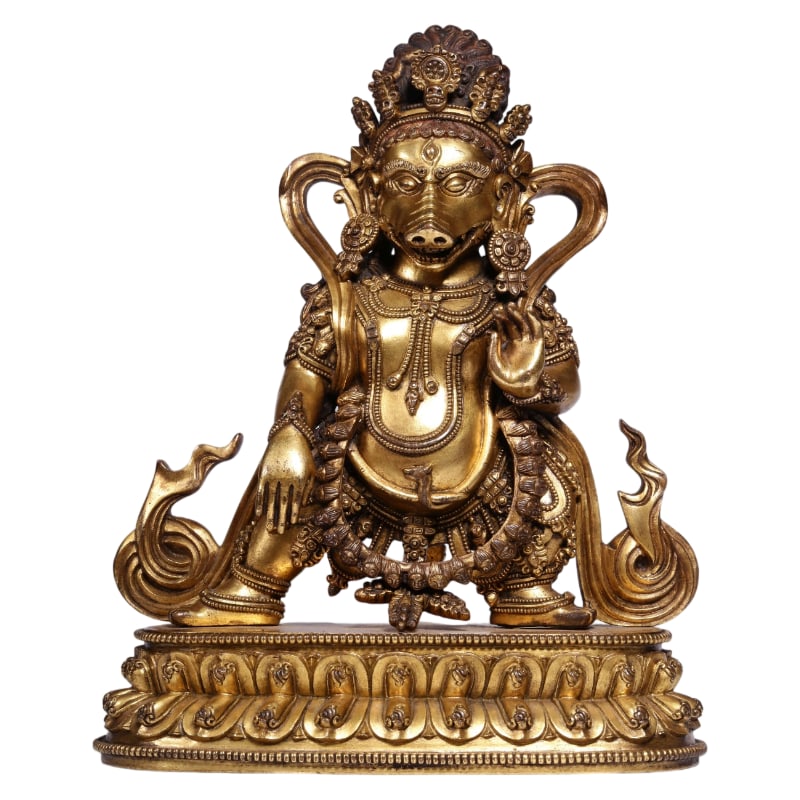 MING DYNASTY: GILT BRONZE MARICI STATUE: It measures 22.5 cm in height, 18.5 cm in length, and 9 cm in width, and weighs 2852 grams.