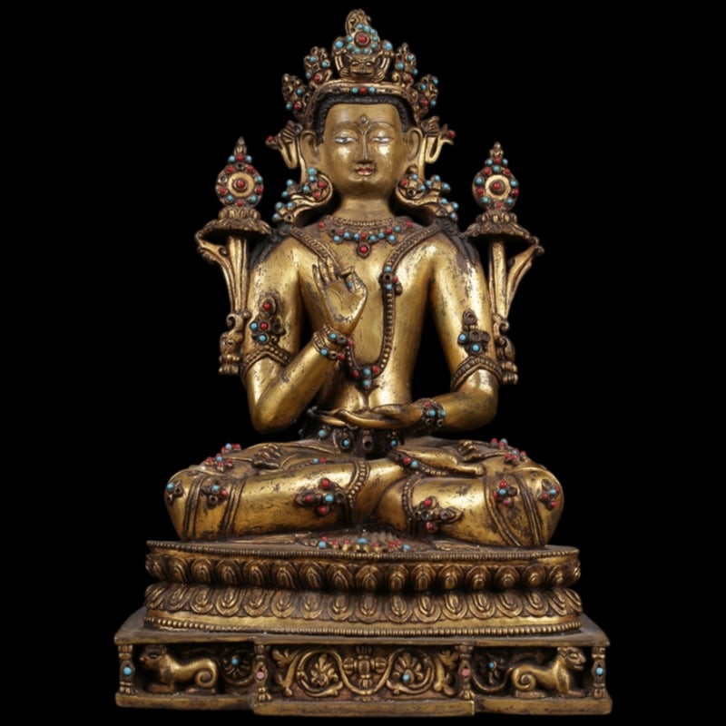 GILT BRONZE SEATED TARA STATUE INLAID WITH GEMS FROM THE QING DYNASTY: It is 25.5 cm high, 17.3 cm long, 12 cm wide, and weighs 7.6 catties.