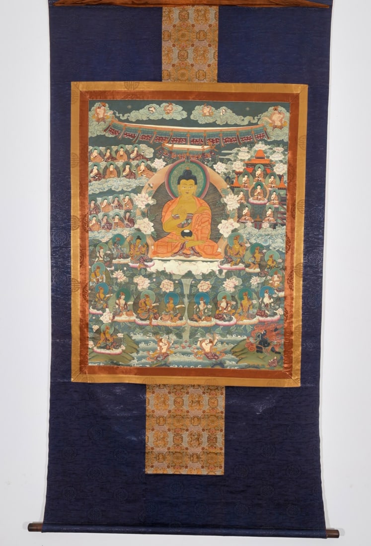 A THANGKA IMAGE OF SHAKYAMUNI BUDDHA: 92 cm wide, 180 cm high; painting core: 66 cm wide, 88 cm high