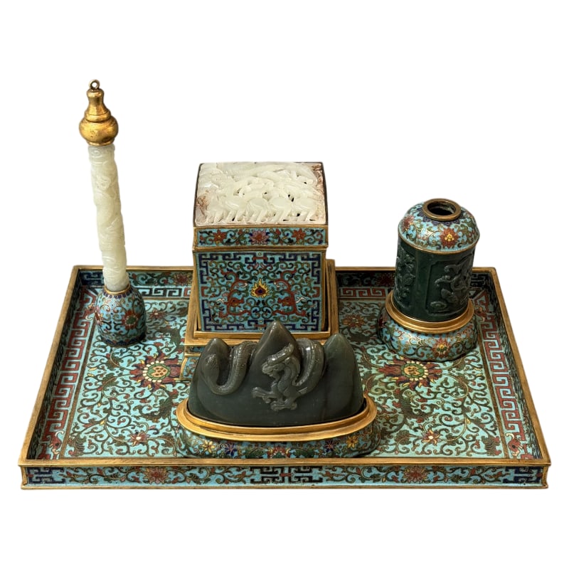 A SET OF CLOISONNÉ AND HETIAN JADE INLAID STATIONERY SET: Tray: 32X21, Calligraphy brushes: 20X3, Seal box: 11X11X12, Brush holder: 13X4X10.5, Water dropper: 7.5X10.5