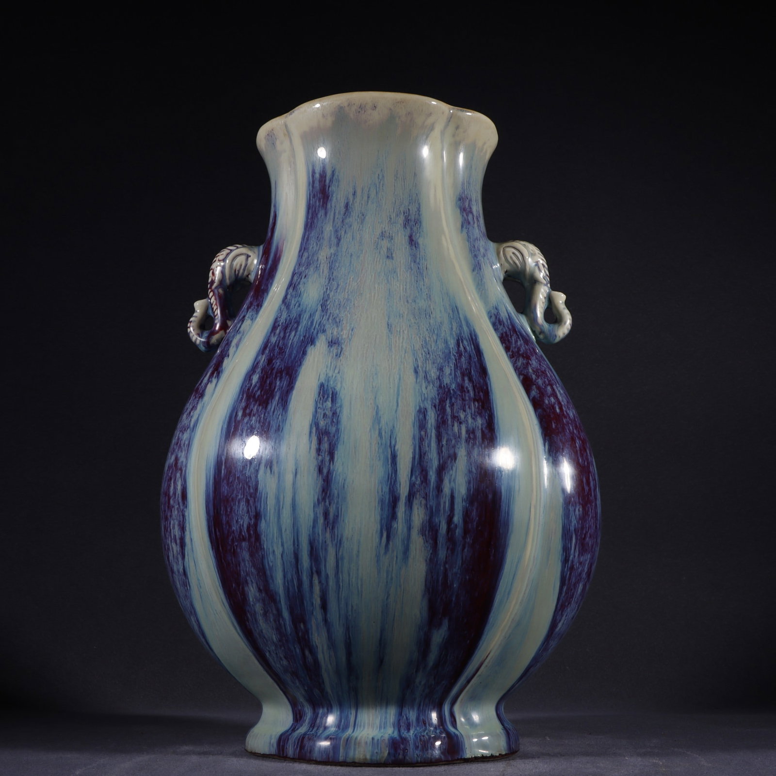 QING DYNASTY QIANLONG PERIOD TRANSMUTATION GLAZE ELEPHANT EAR VASE: Height 37cm, Width 24cm
