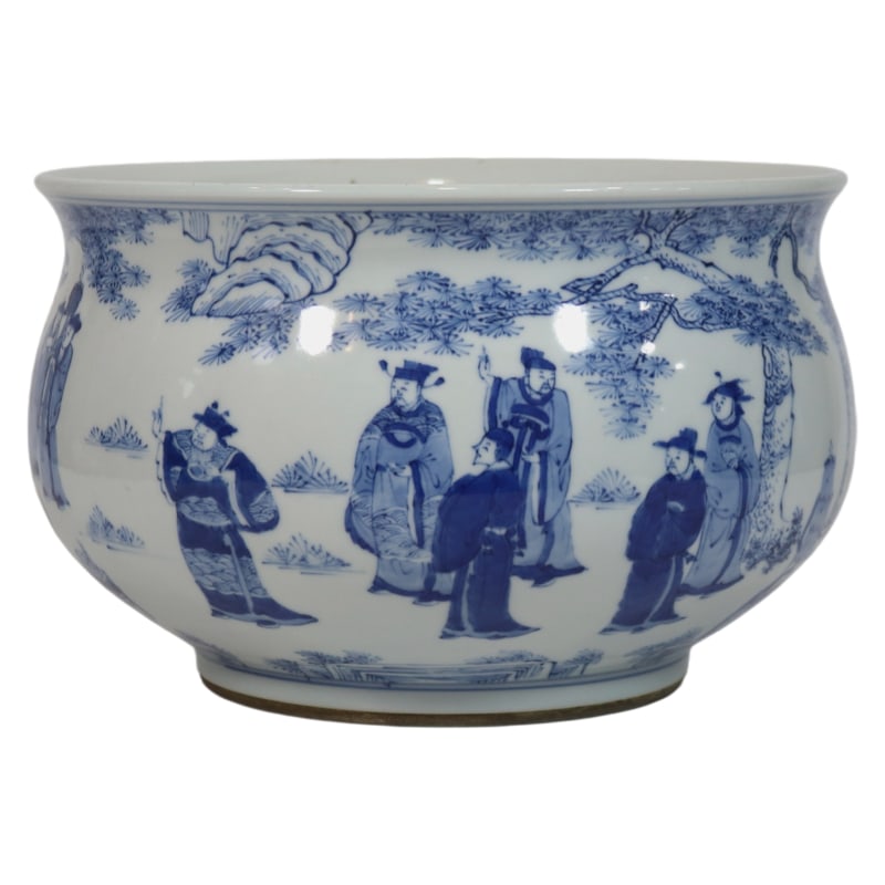 QING DYNASTY KANGXI PERIOD BLUE AND WHITE PORCELAIN BRUSH WASHER WITH FIGURES AND STORIES: Height 16 cm, mouth diameter 25 cm