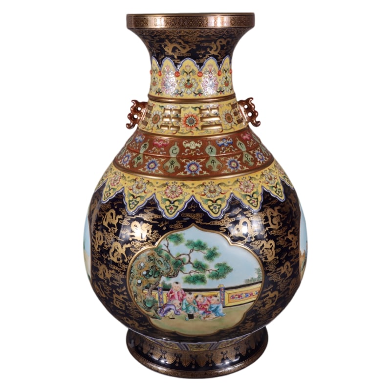 ENAMELED INDIGO-PAINTED DOUBLE-EARED VASE: 50 cm tall