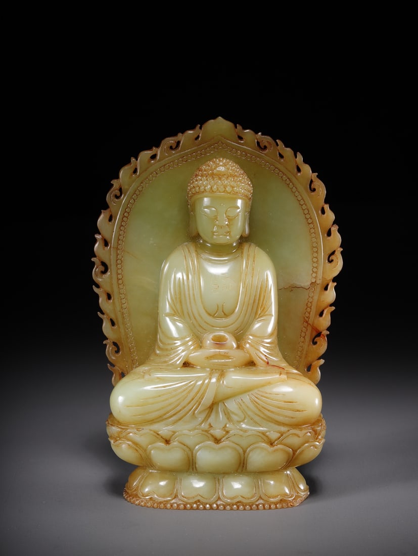 HETIAN YELLOW JADE SEATED BUDDHA STATUE: Dimensions: 13.5 × 7.7 × 4.0 cm, Weight: 489 grams