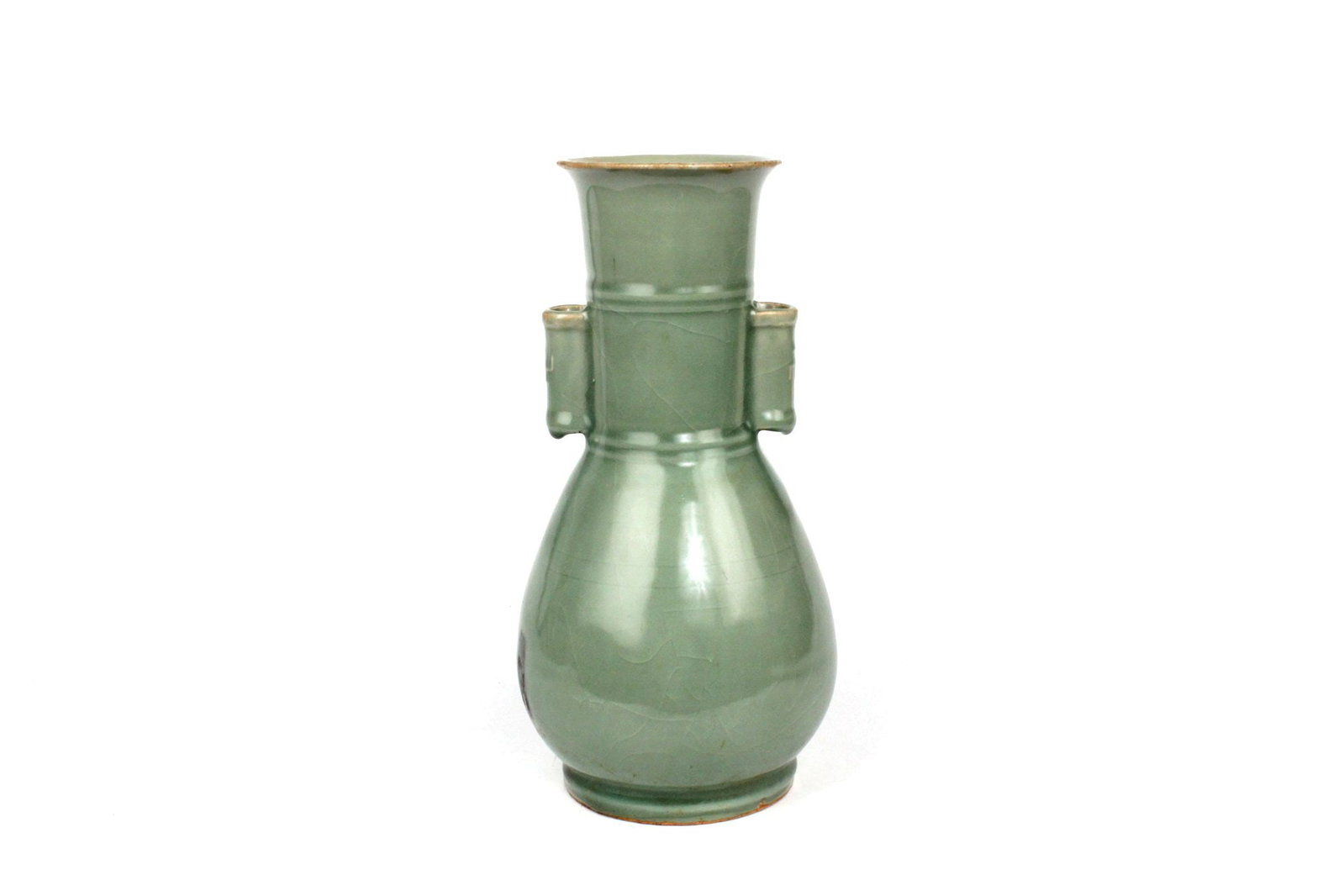 PLUM GREEN VASE WITH PIERCED EARS: Height 31.3cm