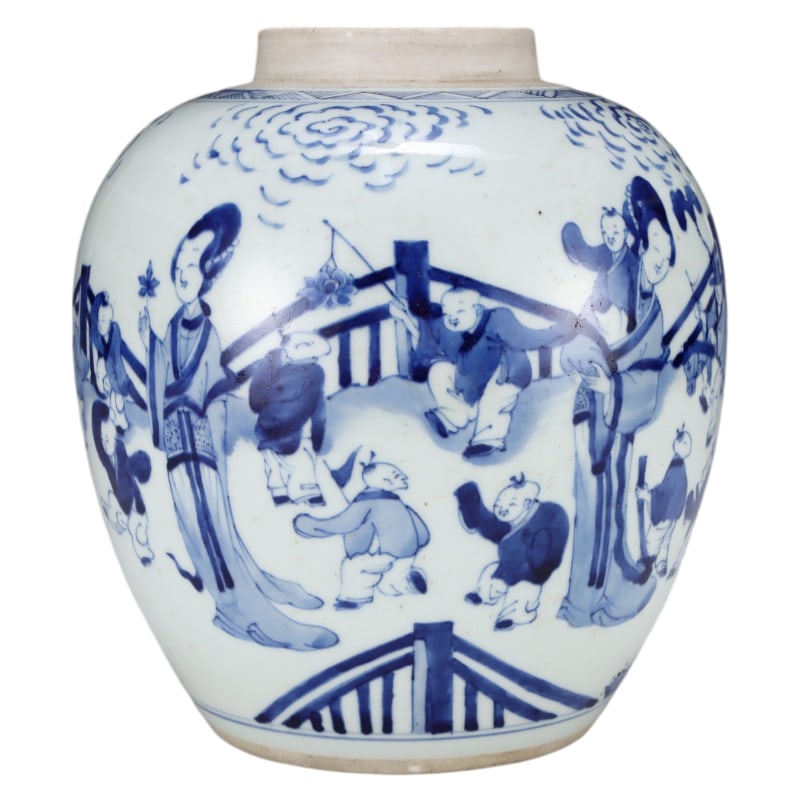 KANGXI BLUE AND WHITE PORCELAIN JAR WITH THE DESIGN OF A CONCUBINE TEACHING HER SON (1 of 7)