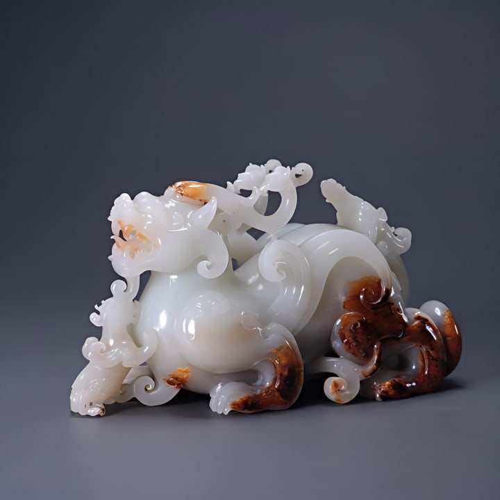 JADE AUSPICIOUS BEAST ORNAMENT: Length 16.5cm, Width 6.5cm, Height 9.5cm, Weight 983g