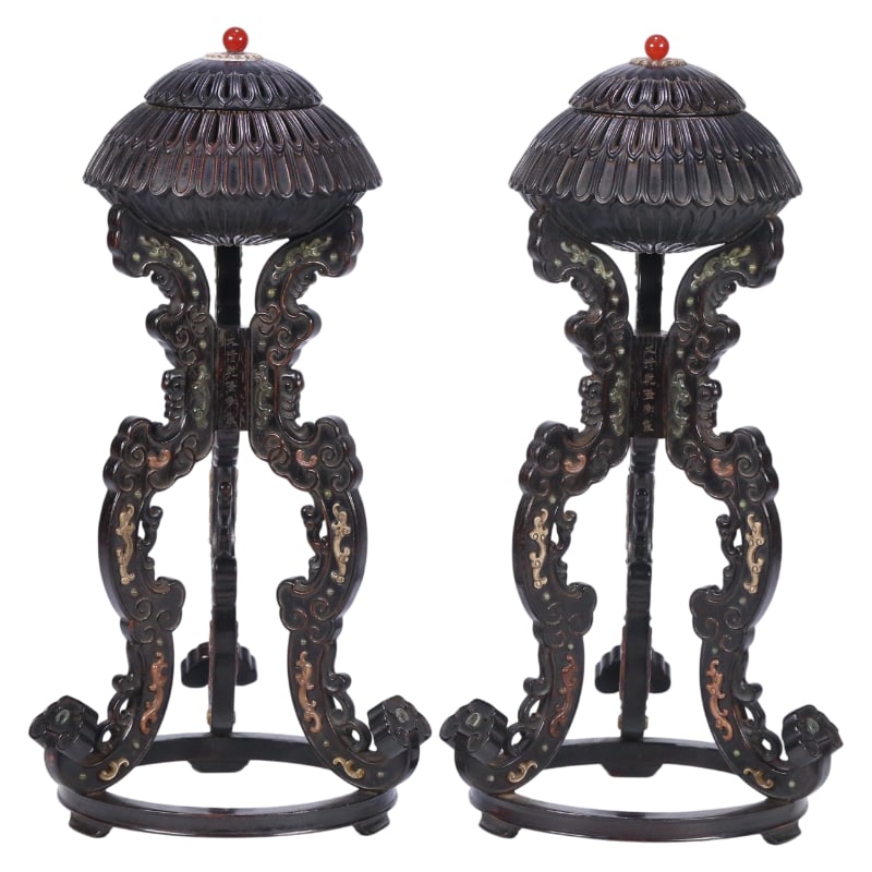 A PAIR OF QING DYNASTY ROSEWOOD INCENSE BURNERS INLAID WITH SHOUSHAN STONE (1 of 9)