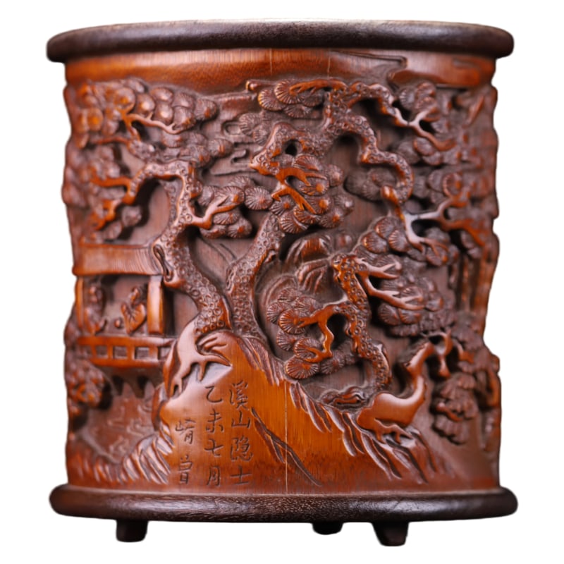 QING DYNASTY BAMBOO CARVED LANDSCAPE BRUSH HOLDER: It is 16.5 cm high, has a mouth diameter of 15 cm, and weighs 475.7 grams.