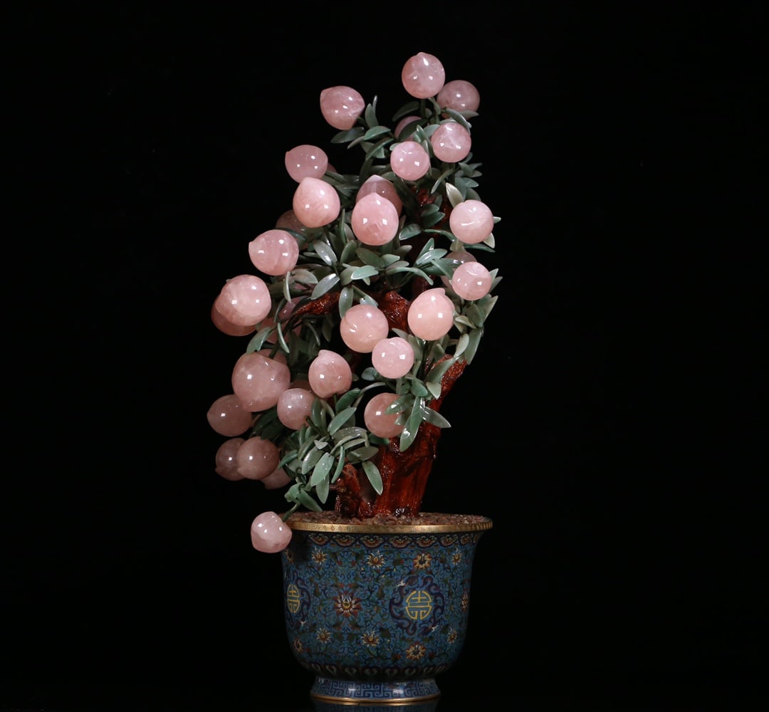 CLOISONNÉ JADE PINK CRYSTAL PEACH BONSAI ORNAMENT (1 of 9)
