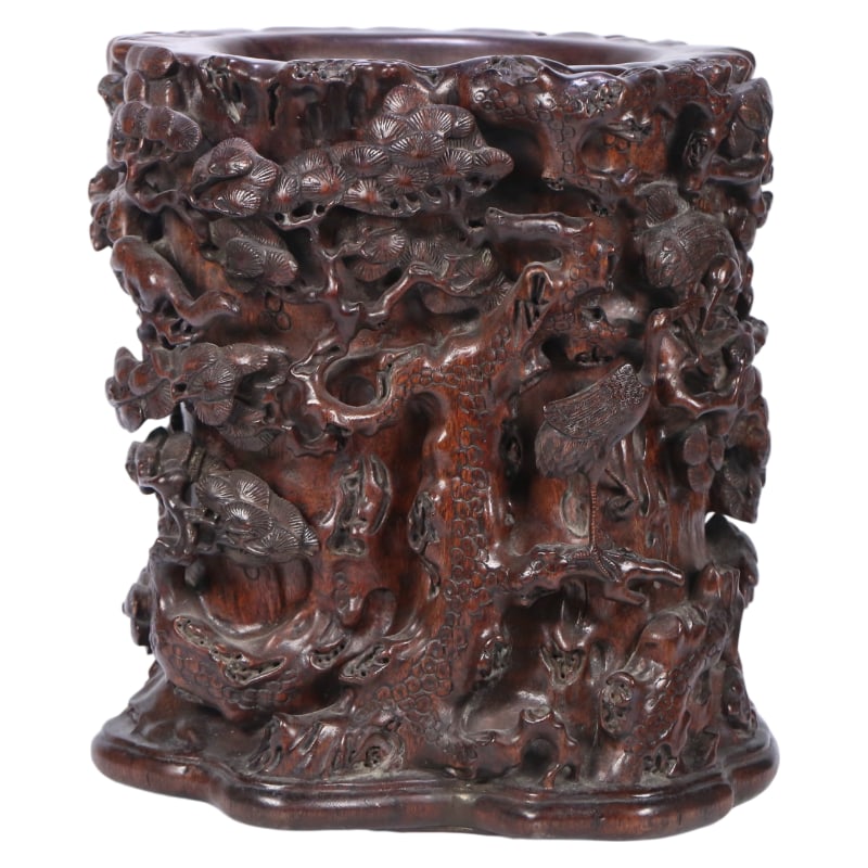 QING DYNASTY AGARWOOD BRUSH HOLDER: Dimensions: 29X27X26 cm, Weight: 2515 grams
