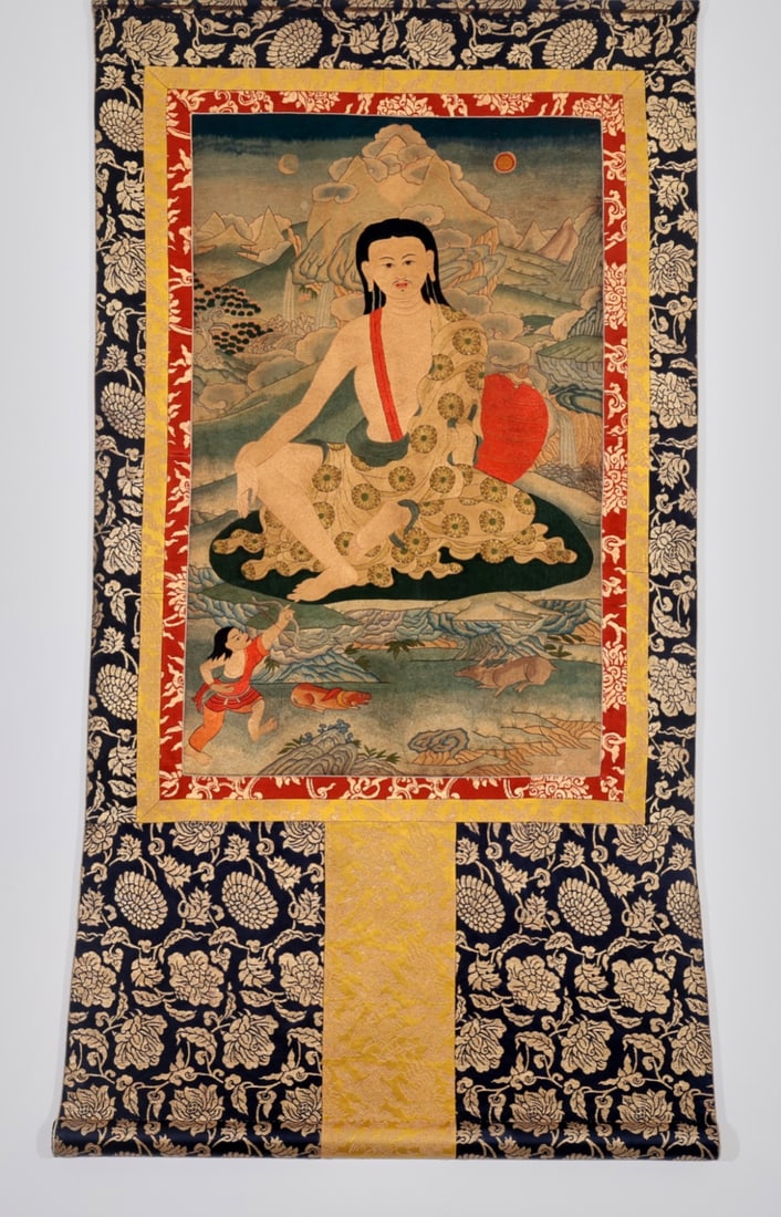 THANGKA MILAREPA: 72 cm wide, 131 cm high. Painting core dimensions: 49 cm wide, 78 cm high.