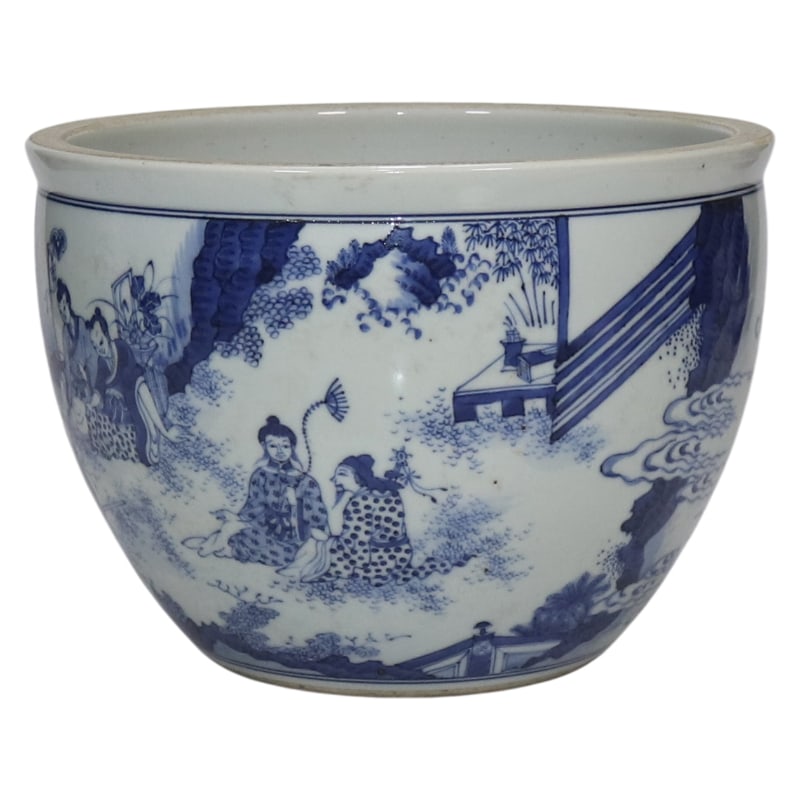 MING CHONGZHEN BLUE AND WHITE PORCELAIN BOOK JAR WITH FIGURES AND STORIES: Height 16.2 cm, mouth 22.5 cm