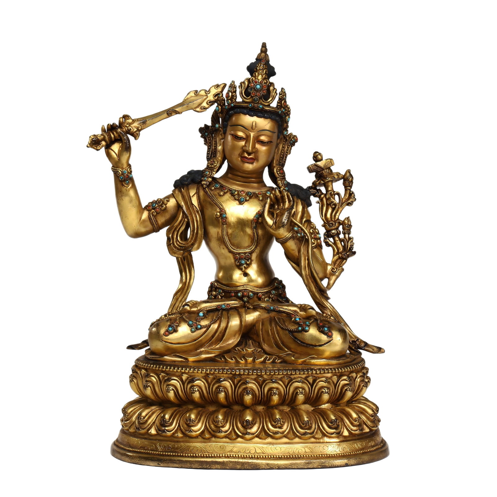 GILT BRONZE MANJUSHRI BODHISATTVA FROM THE MING DYNASTY: Height 31.5cm