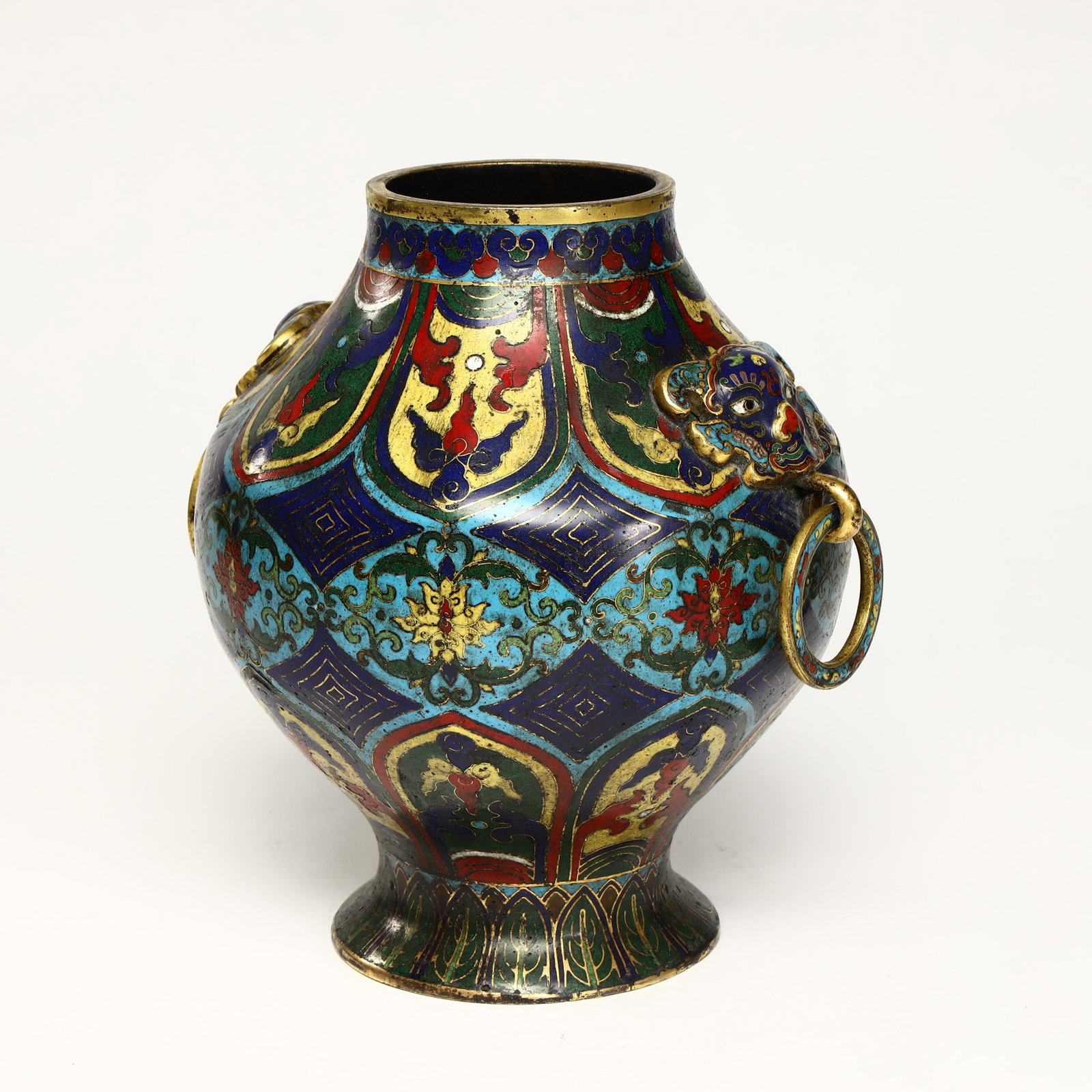 CLOISONNÉ ENAMEL FLORAL DOUBLE-EARED JAR: 22cm tall