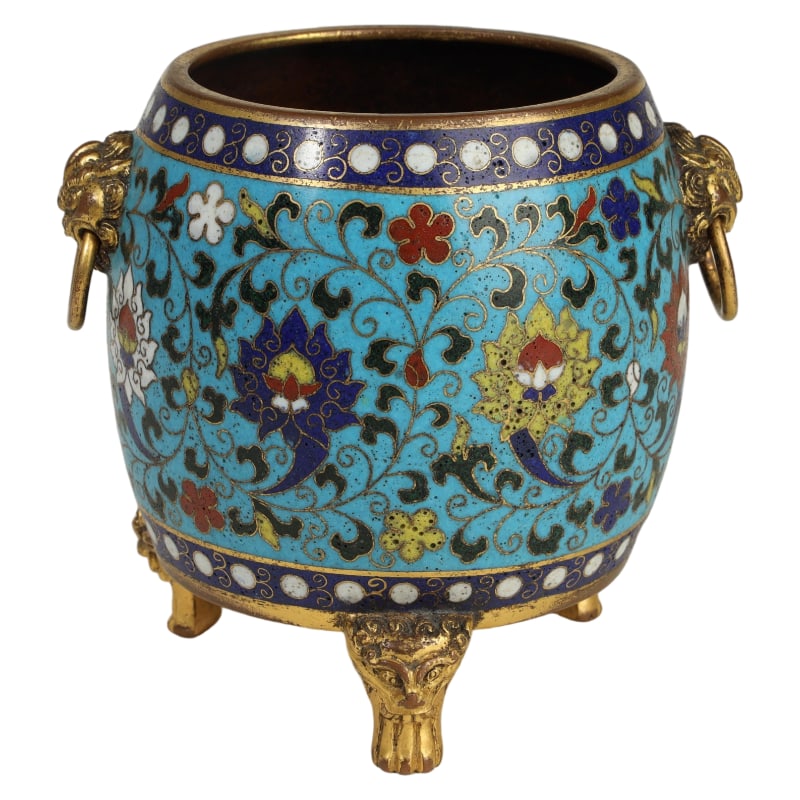 CLOISONNÉ ENAMEL DRUM-SHAPED INCENSE BURNER WITH LOTUS SCROLL DESIGN: Height 11cm, Width 12.5cm