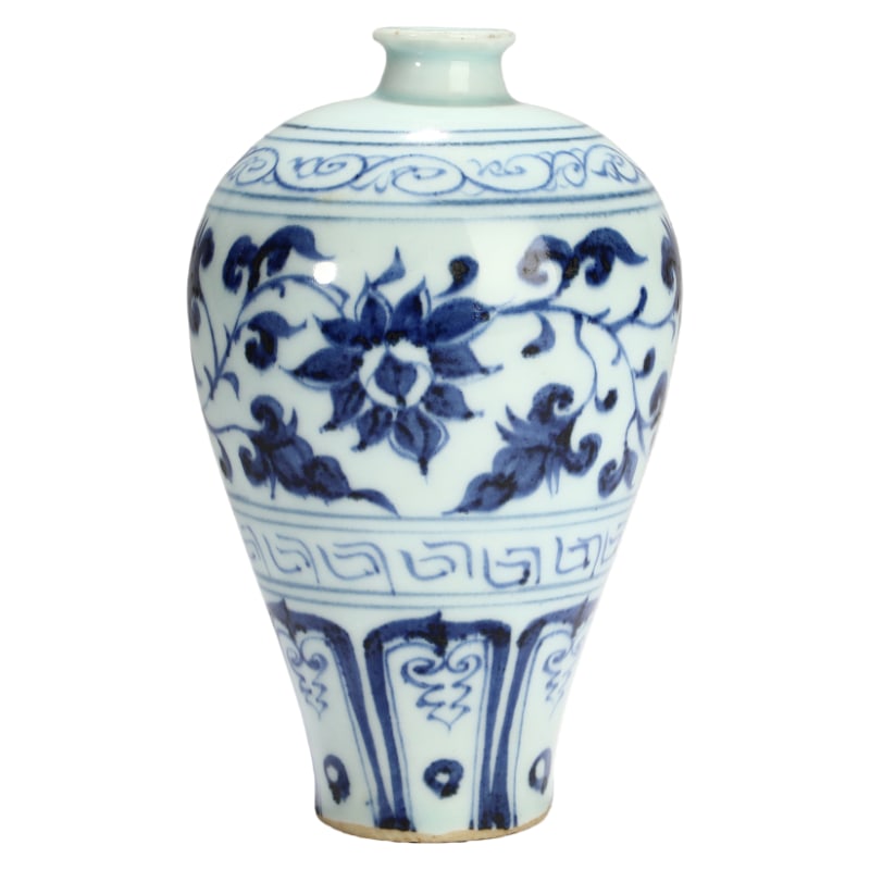 YUAN BLUE AND WHITE PORCELAIN PLUM VASE WITH LOTUS SCROLL DESIGN?: Height 16.3cm
