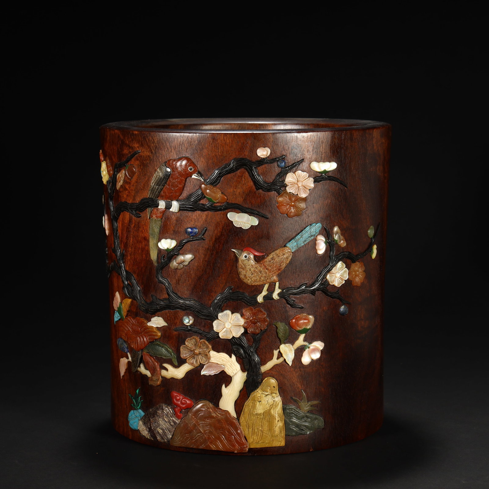 QING DYNASTY, ROSEWOOD BRUSH HOLDER INLAID WITH VARIOUS TREASURES: Height 19cm, Width 19.5cm