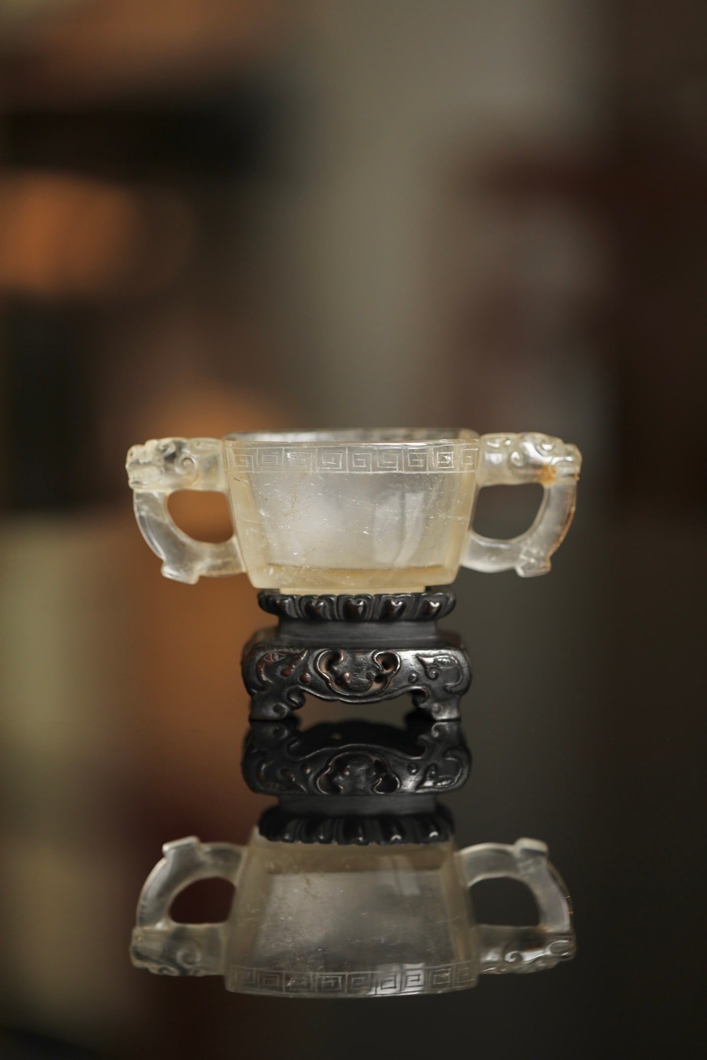 QING DYNASTY CRYSTAL DRAGON-HANDLED CUP WITH GEOMETRIC PATTERN (1 of 9)
