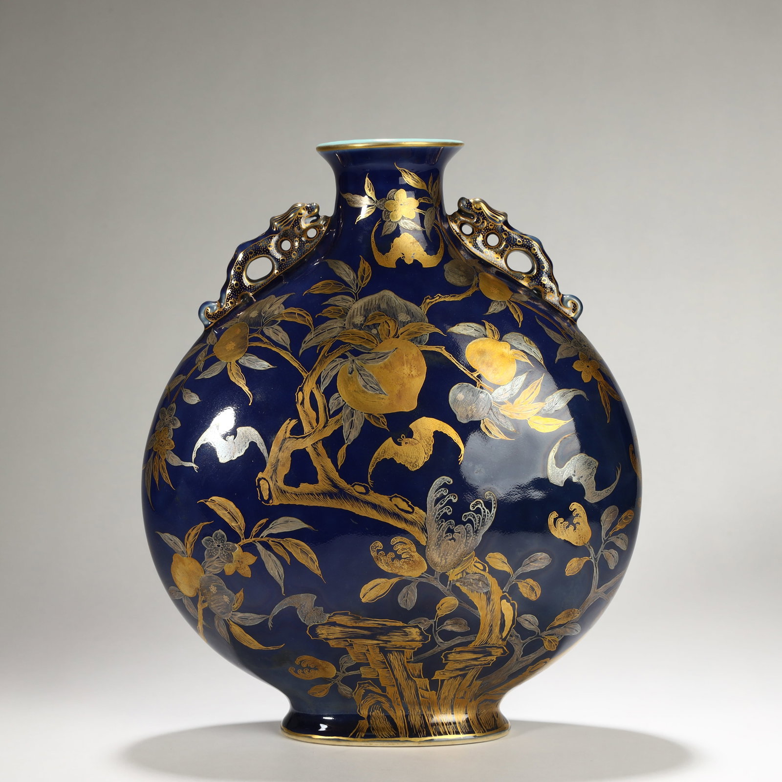 ENAMELED FLORAL AND BIRD PATTERN DOUBLE-EARED FLAT BOTTLE: 30cm tall