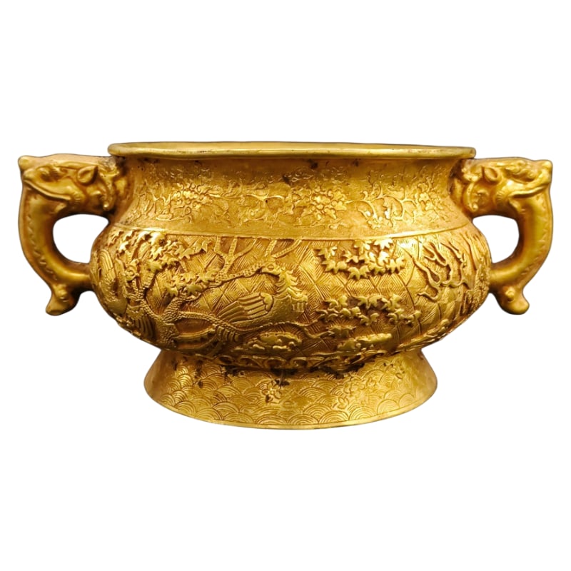 GILT BRONZE INCENSE BURNER WITH DRAGON AND PHOENIX DESIGN AND ANIMAL-SHAPED HANDLES (1 of 6)