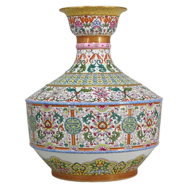 A SQUARE-SHOULDERED VASE WITH A DESIGN OF INTERTWINED LONGEVITY SYMBOLS AND THE MARK OF THE (1 of 9)