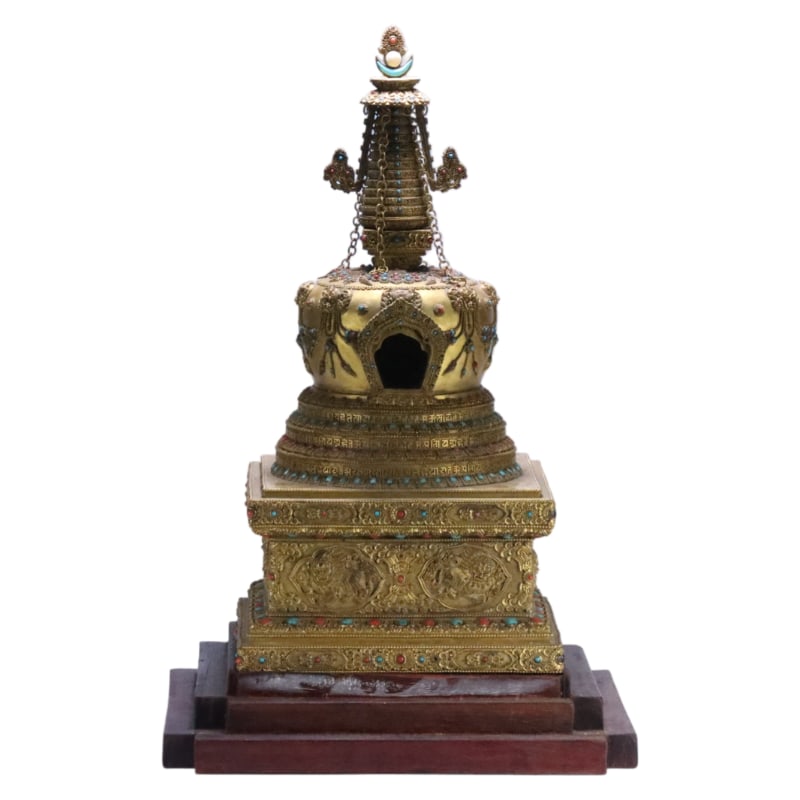 GILT BRONZE PAGODA WITH INLAID GEMS FROM THE QING DYNASTY (1 of 12)