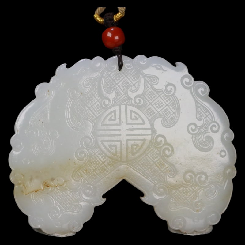 HETIAN JADE DOUBLE PHOENIX LONGEVITY PATTERN CHIME: Dimensions: 8X6.2X0.8 cm; Weight: 80.3 grams