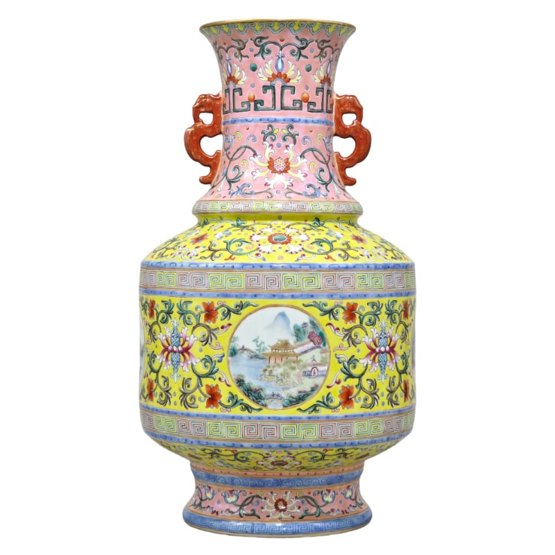 QIANLONG-MARKED FAMILLE ROSE LANDSCAPE DOUBLE-EARED VASE: Height 47.5 cm, diameter 27 cm