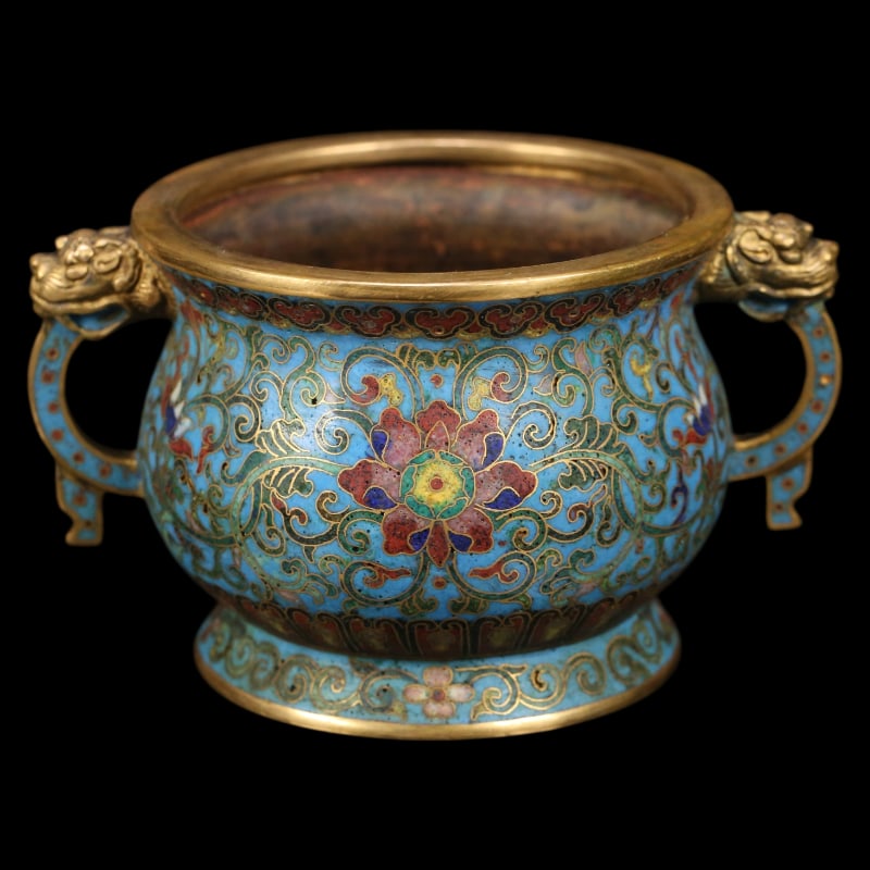 QING DYNASTY CLOISONNÉ DOUBLE DRAGON HANDLE INCENSE BURNER: Dimensions: 12.3X9X7.2 cm, Weight: 394.6 grams