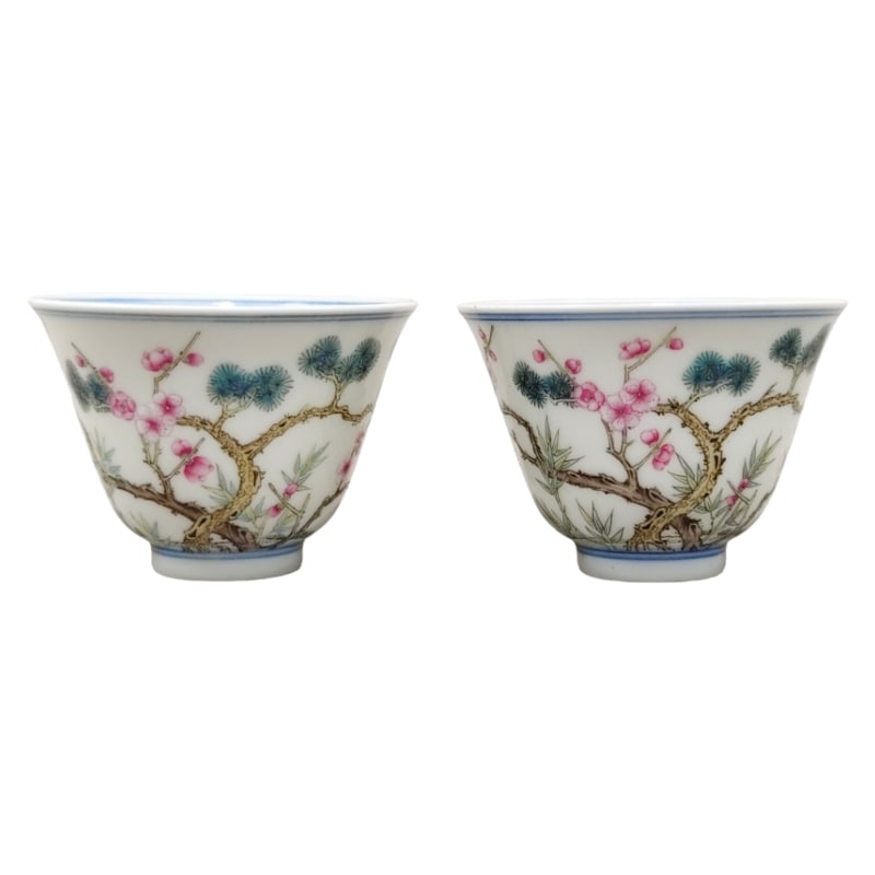 YONGZHENG PERIOD FAMILLE ROSE PINE, BAMBOO, PLUM BLOSSOM BELL CUP: Height 4.5 cm, diameter 6.3 cm