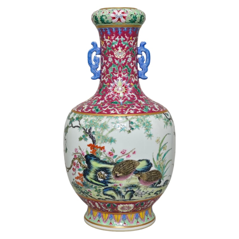 QIANLONG-ERA FAMILLE ROSE ROUGE-COLORED DOUBLE-EARED VASE: Height 34.5 cm