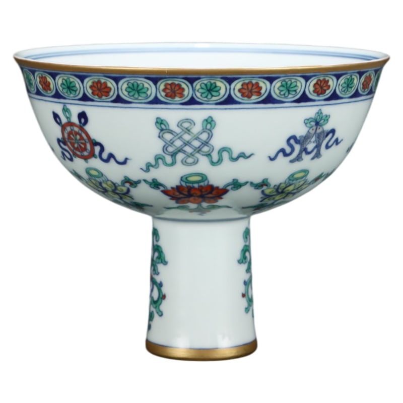 DOUCAI EIGHT TREASURES STEM CUP: Height: 9.7 cm. Diameter: 12 cm