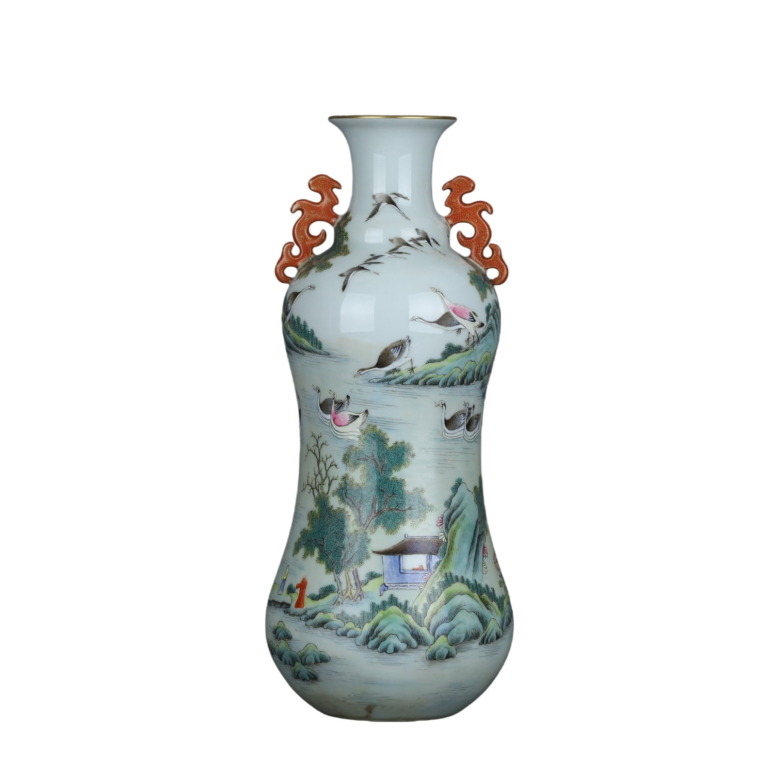 FAMILLE ROSE VASE WITH WILD GEESE, LANDSCAPE AND FIGURE DESIGN AND DRAGON HANDLES: Height 30.2cm, belly diameter 12.5cm