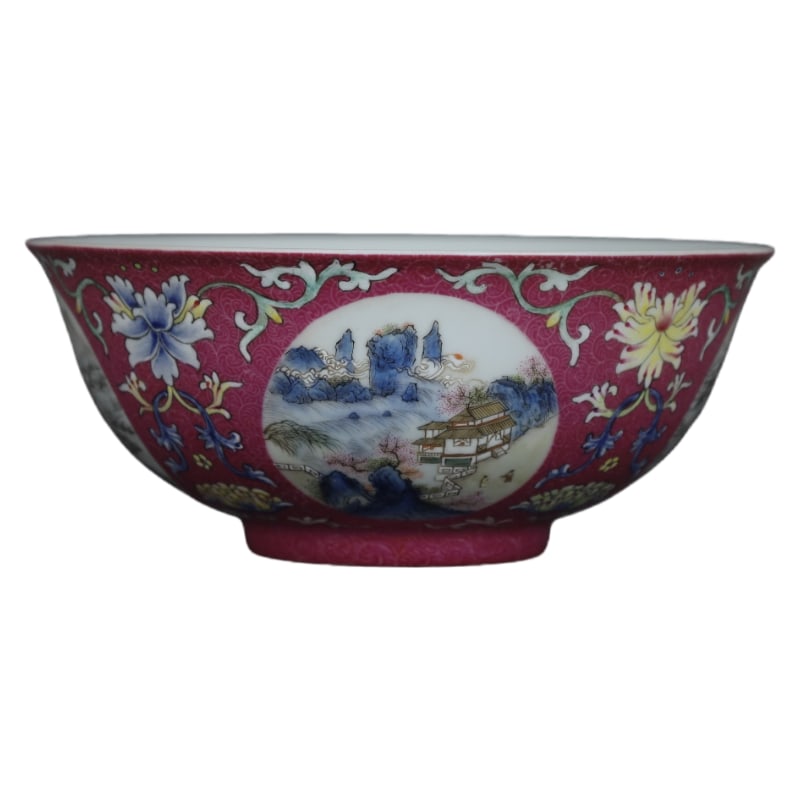 QIANLONG ROUGE RED INCISED ENAMEL BOWL WITH OPEN WINDOW AND INK LANDSCAPE DESIGN: Height 6.5cm, mouth diameter 15.5cm