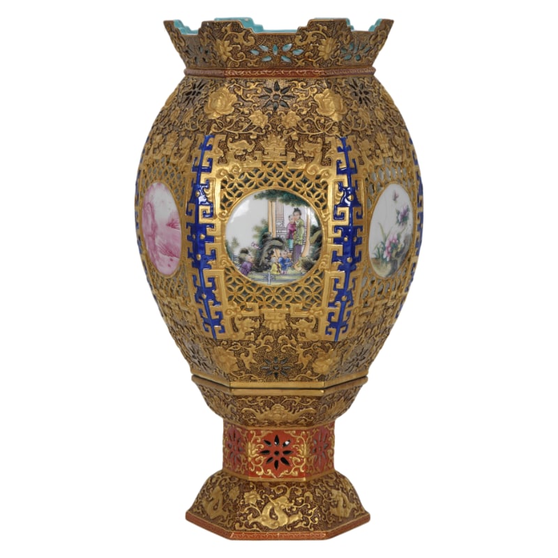 ENAMEL-PAINTED OPENWORK GOLD-PAINTED WINDOW LANDSCAPE LAMPSHADE (1 of 8)