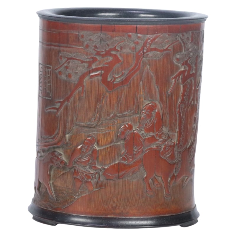 BAMBOO CARVED FIGURE STORY POEM PEN HOLDER (1 of 10)