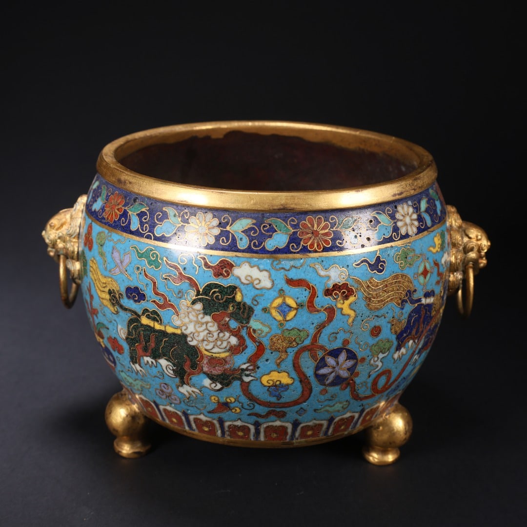CLOISONNÉ GOLD-PLATED DOUBLE DRAGON RING FURNACE: 15.5 cm long, 12.7 cm wide, and 10 cm high.