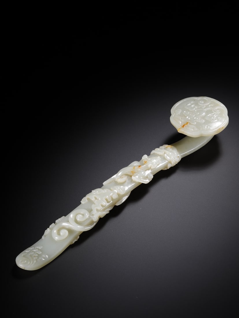 HETIAN JADE DRAGON PATTERN RUYI: Dimensions: 23.3 × 5.5 × 3.2 cm, Weight: 149.2 g