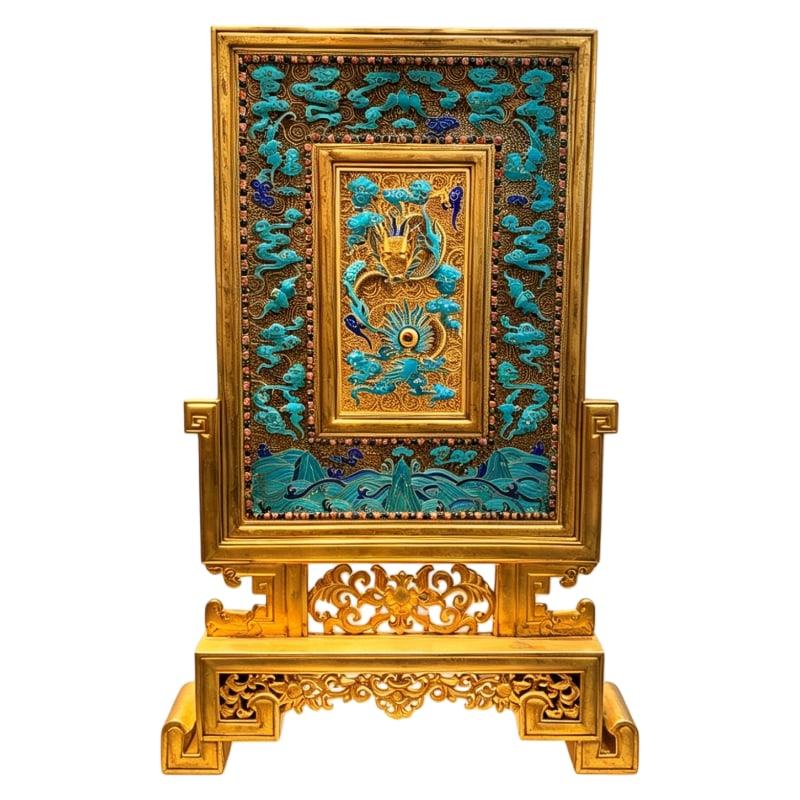 PURE SILVER FILIGREE INLAID DRAGON SCREEN: Dimensions: Height 46 x 30 mm