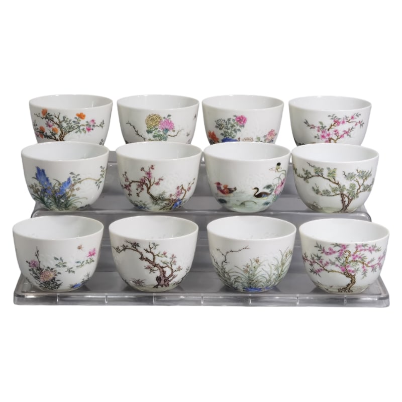 A SET OF FAMILLE ROSE TWELVE FLOWER GODDESSES INSCRIBED WITH POEMS AND EXQUISITE ARHAT CUPS: 7.6 mm caliber, 5 mm high