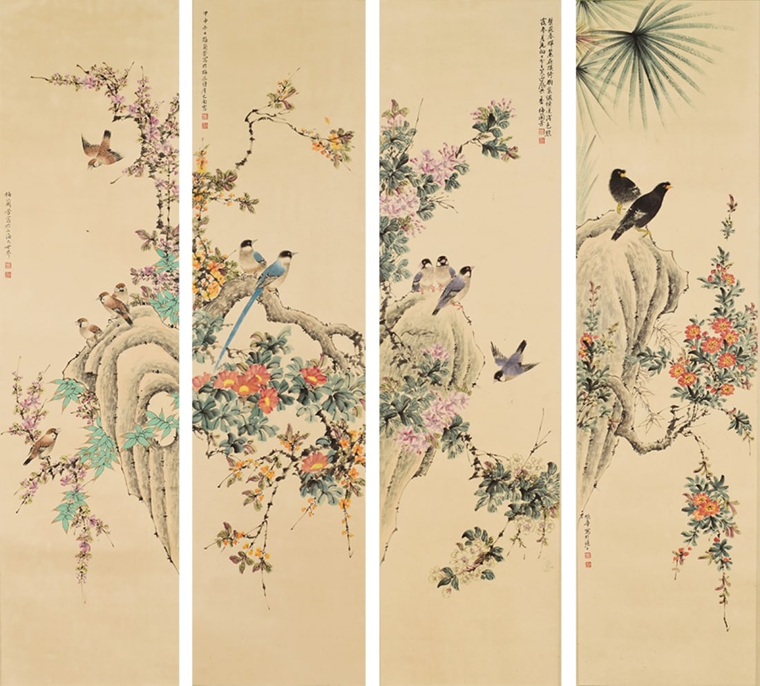 MEILANFANG(FOUR-PANELSCREENOFFLOWERSANDBIRDS): Dimensions: 180X47X4cm