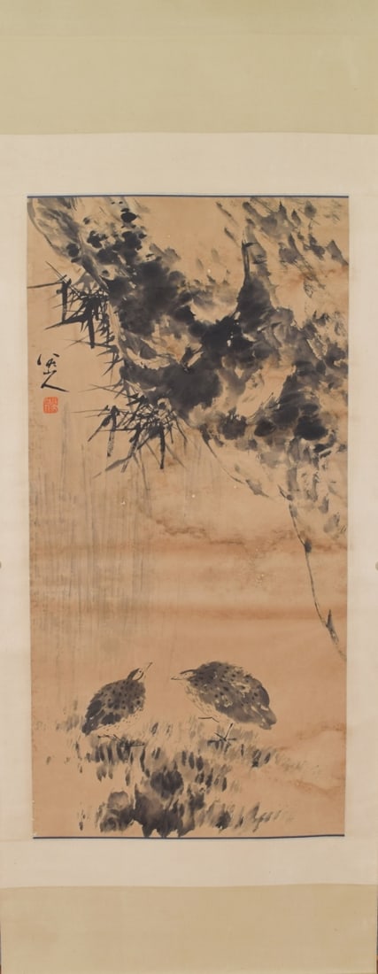 BADASHANREN,INKONPAPEROFADOUBLEBIRDANDBAMBOOROCKPAINTING八大山人: Size: 136X67cm