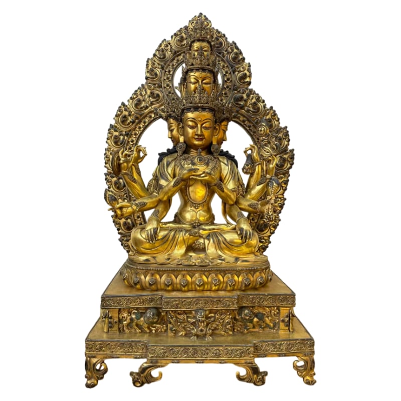 GILT BRONZE TEN-ARMED FIVE-RADIANT BUDDHA MOTHER STATUE: 84 cm tall
